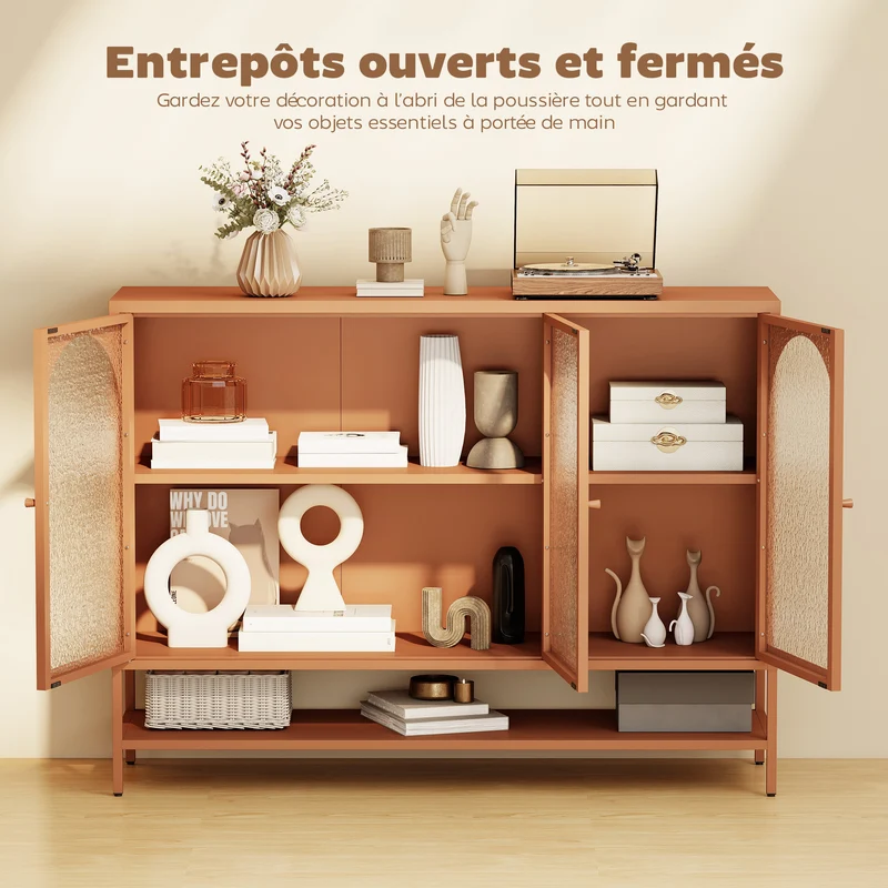 Buffet salon portes vitrées cintrées étagère ouverte 140 x 40 x 105 cm anti-poussière stabilité moderne en acier rouille 21_0002980