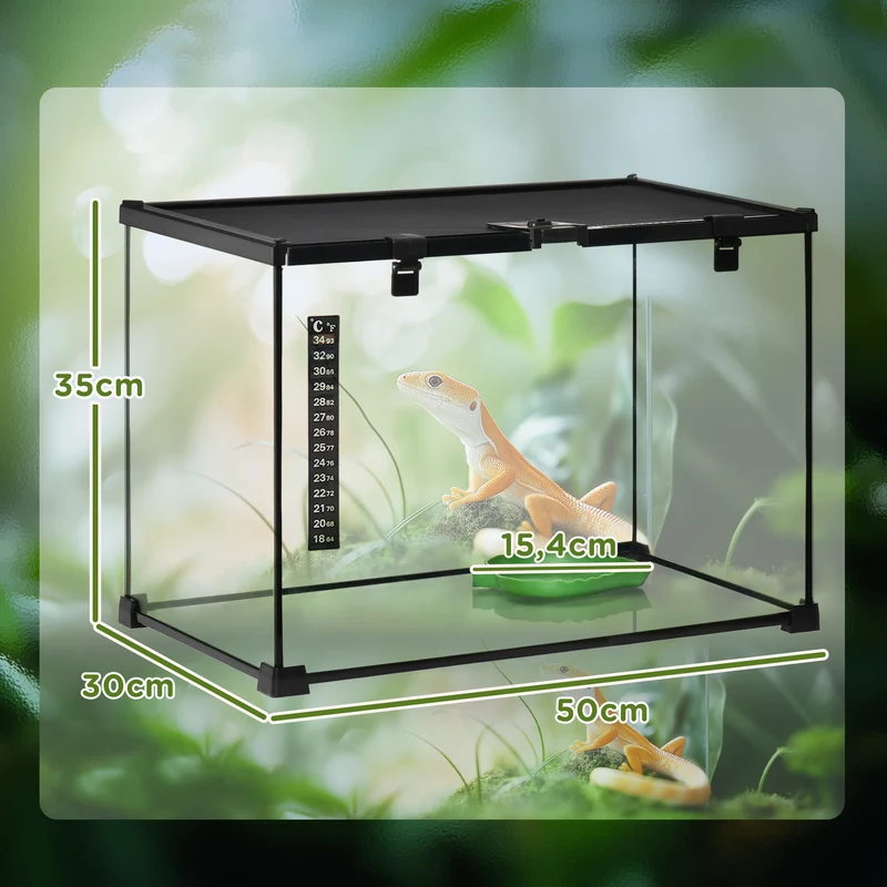 Boîte à reptiles terrarium 50 x 30 x 35 cm ventilation optimale thermomètre inclus moderne épuré en verre trempé noir 21_0007829