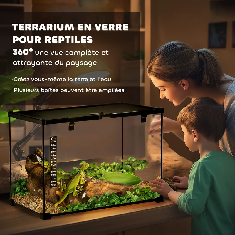 Boîte à reptiles terrarium 50 x 30 x 35 cm ventilation optimale thermomètre inclus moderne épuré en verre trempé noir 21_0007829