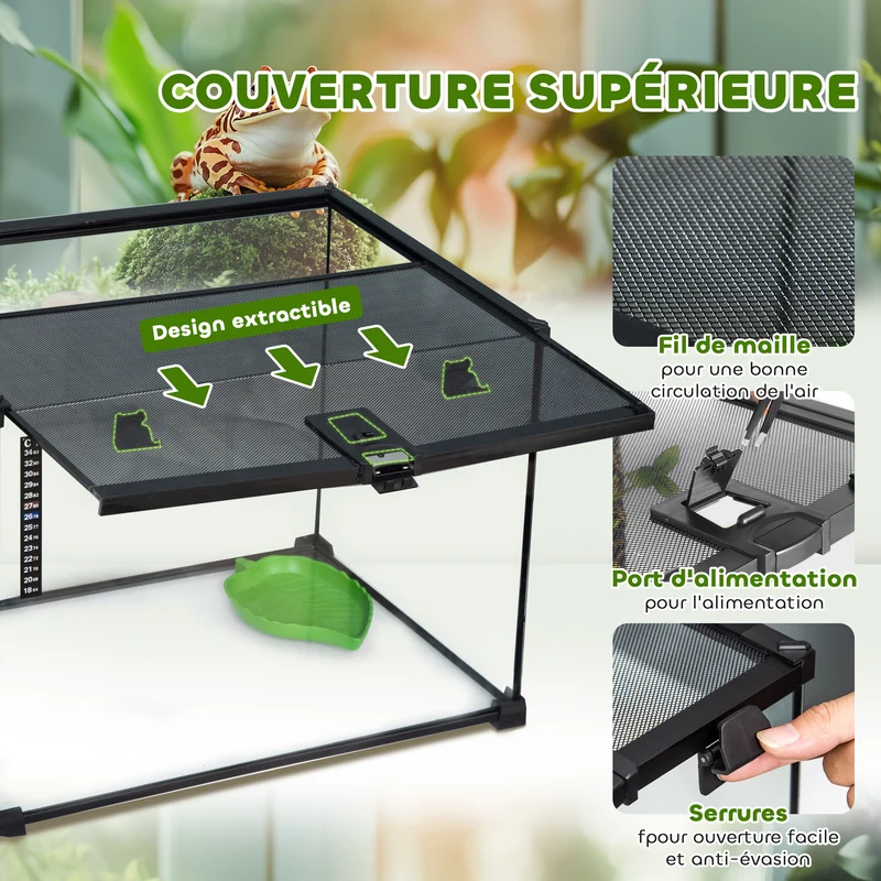 Boîte à reptiles terrarium 50 x 30 x 35 cm ventilation optimale thermomètre inclus moderne épuré en verre trempé noir 21_0007829