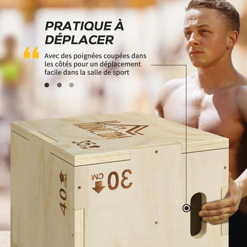 Boîte de pliométrie 40.5 x 35.5 x 30.5 cm 3 hauteurs poignées intégrées pour explosivité design en bois de hêtre naturel 21_0006916