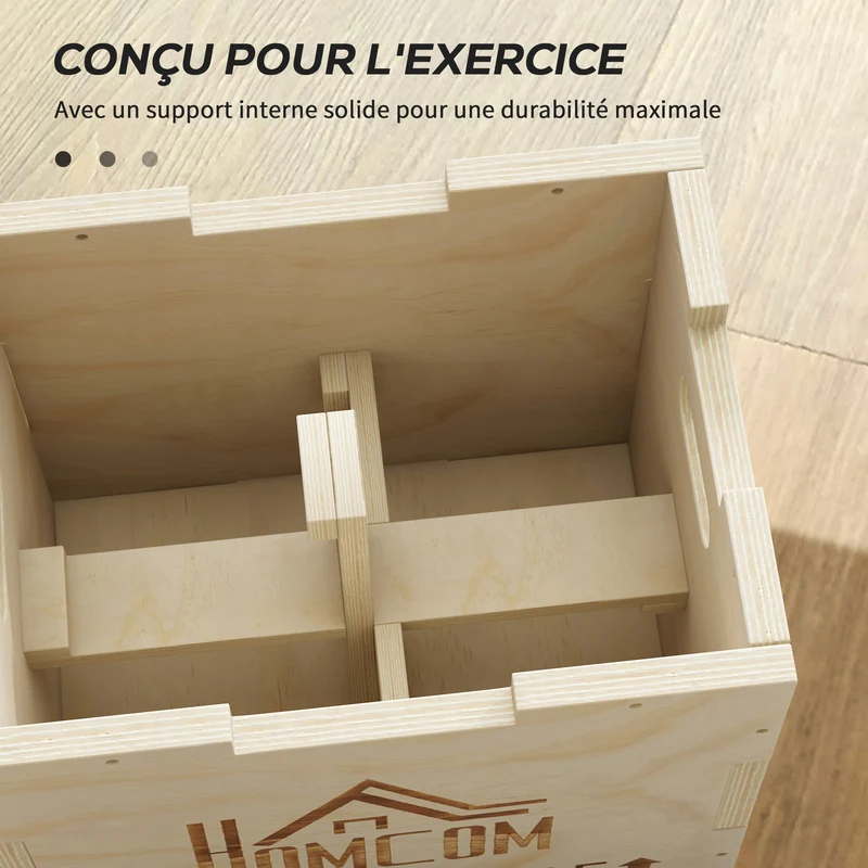 Boîte de pliométrie 40.5 x 35.5 x 30.5 cm 3 hauteurs poignées intégrées pour explosivité design en bois de hêtre naturel 21_0006916