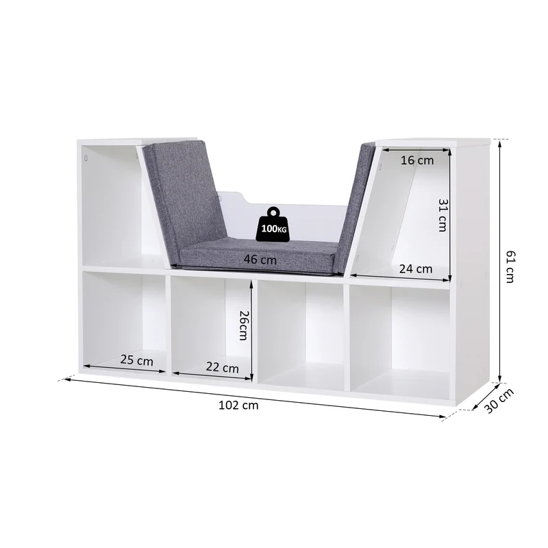 Bibliothèque banc 2 en 1 enfant 102 x 30 x 61 cm rangement 6 casiers coin lecture moderne en panneau de particules gris 21_0002417