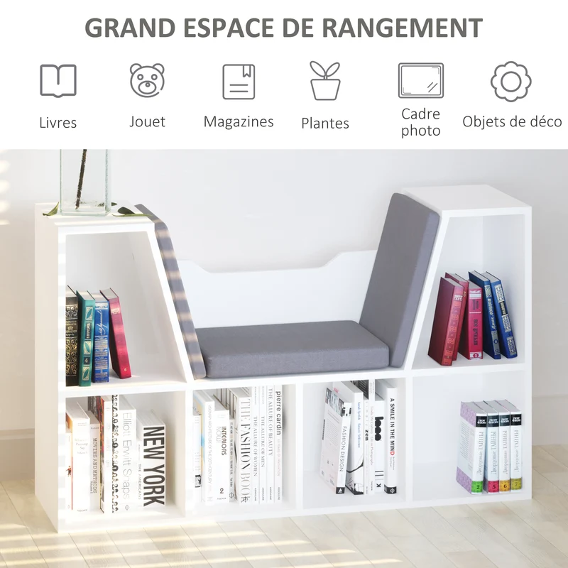 Bibliothèque banc 2 en 1 enfant 102 x 30 x 61 cm rangement 6 casiers coin lecture moderne en panneau de particules gris 21_0002417