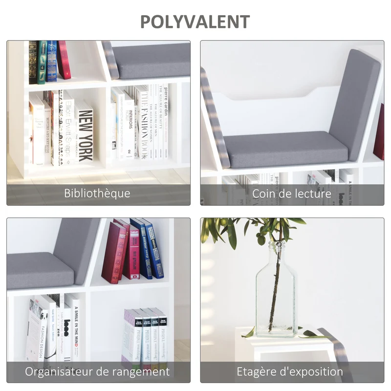 Bibliothèque banc 2 en 1 enfant 102 x 30 x 61 cm rangement 6 casiers coin lecture moderne en panneau de particules gris 21_0002417