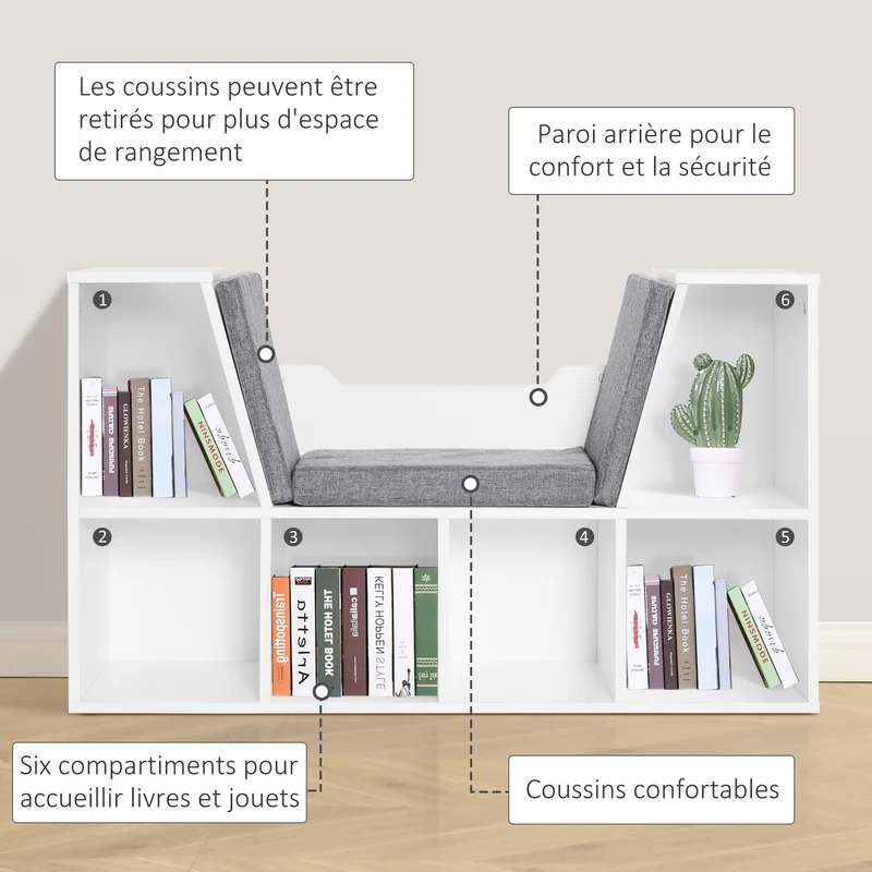 Bibliothèque banc 2 en 1 enfant 102 x 30 x 61 cm rangement 6 casiers coin lecture moderne en panneau de particules gris 21_0002417