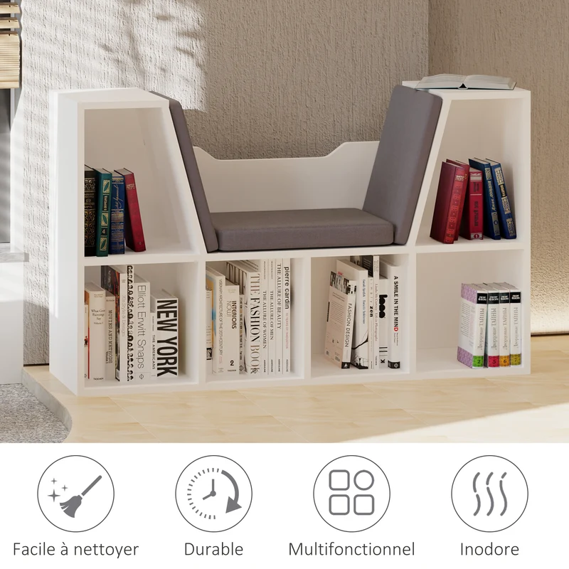Bibliothèque banc 2 en 1 enfant 102 x 30 x 61 cm rangement 6 casiers coin lecture moderne en panneau de particules gris 21_0002417