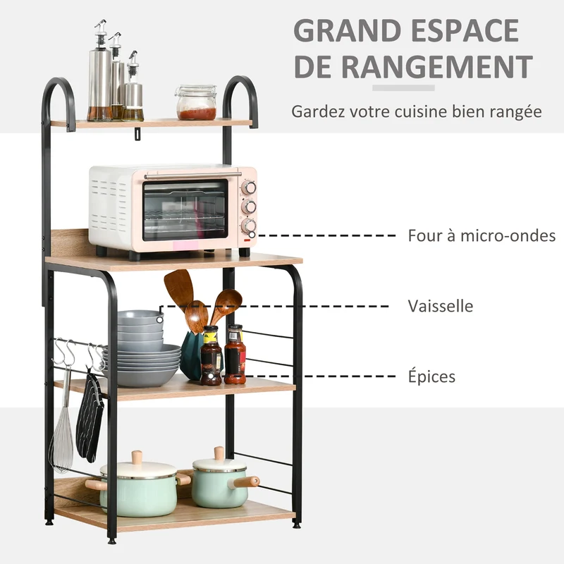 Étagère micro-ondes cuisine 60 x 40 x 125 cm rangement sécurisé 3 étagères 4 crochets style industriel en acier noir 21_0001022