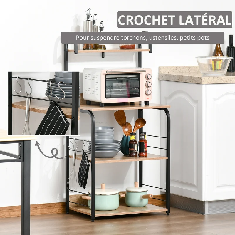 Étagère micro-ondes cuisine 60 x 40 x 125 cm rangement sécurisé 3 étagères 4 crochets style industriel en acier noir 21_0001022