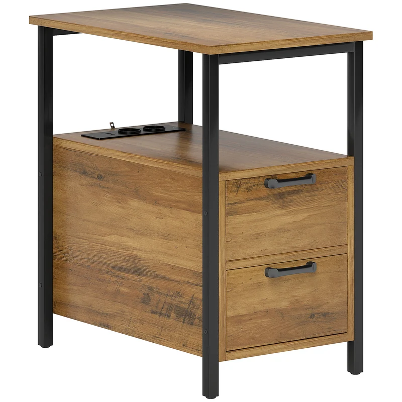 Table d'appoint chevet 55 x 35 x 58,5 cm prises usb et type c 2 tiroirs étagère contemporain industriel en bois naturel 21_0001633