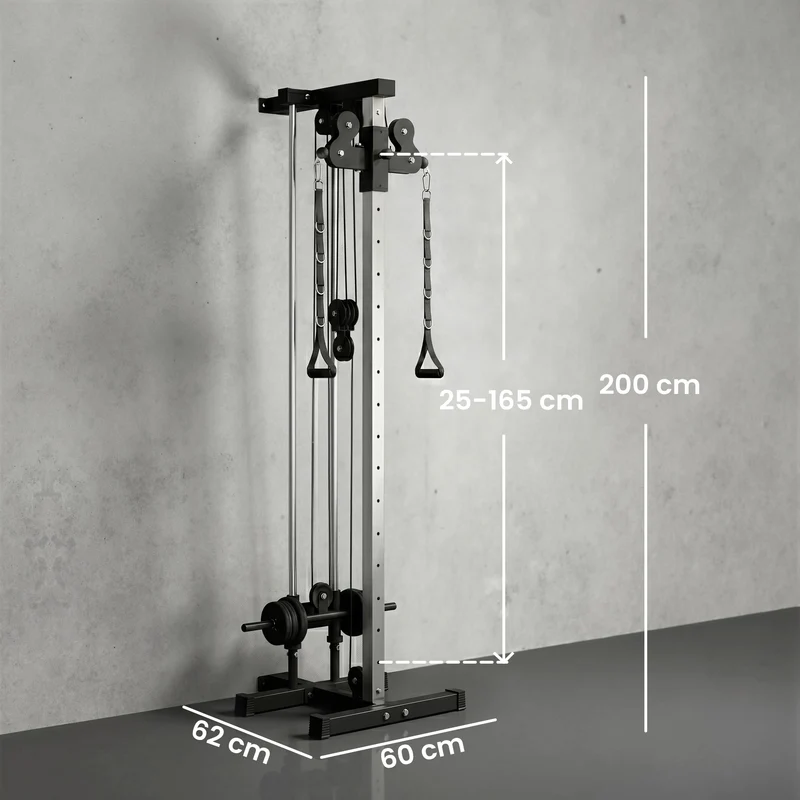 Station de musculation double poulie murale 62 x 60 x 200 cm 15 réglages exercices variés industriel en acier noir 21_0006814