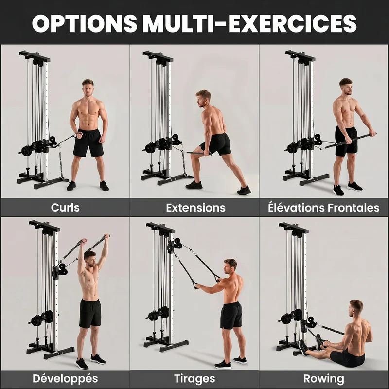 Station de musculation double poulie murale 62 x 60 x 200 cm 15 réglages exercices variés industriel en acier noir 21_0006814