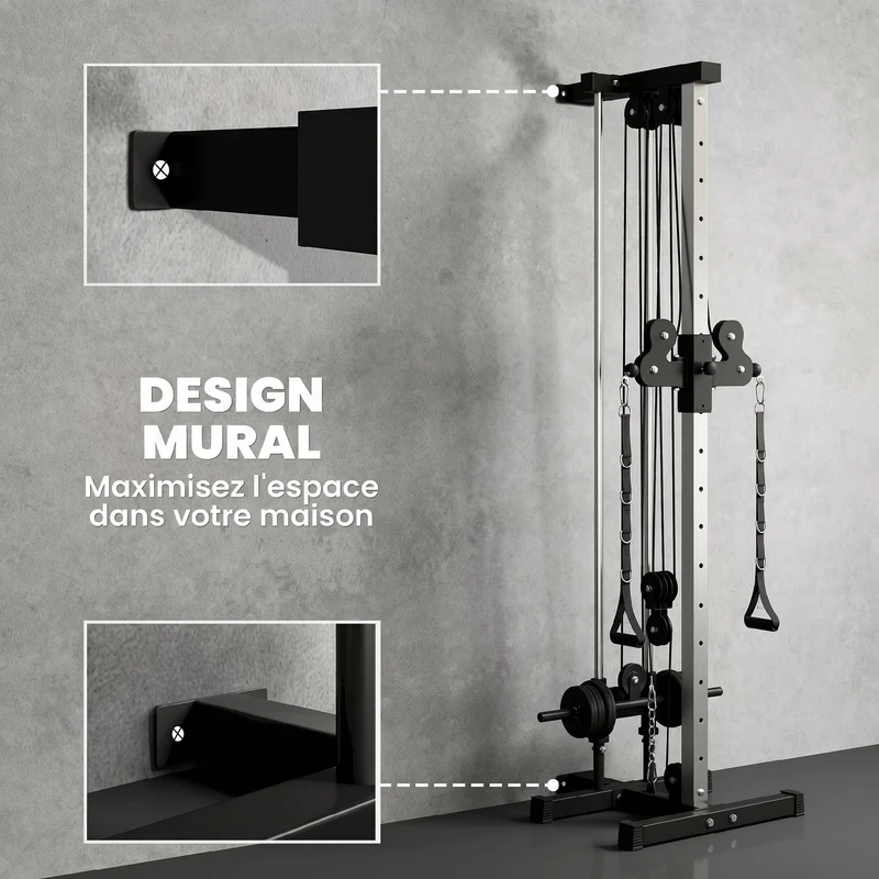 Station de musculation double poulie murale 62 x 60 x 200 cm 15 réglages exercices variés industriel en acier noir 21_0006814