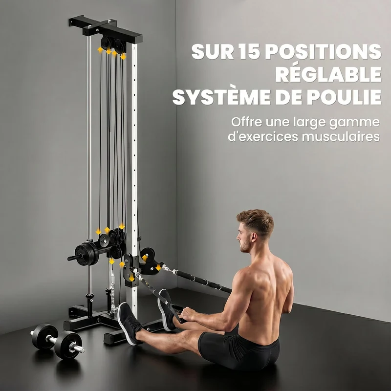 Station de musculation double poulie murale 62 x 60 x 200 cm 15 réglages exercices variés industriel en acier noir 21_0006814
