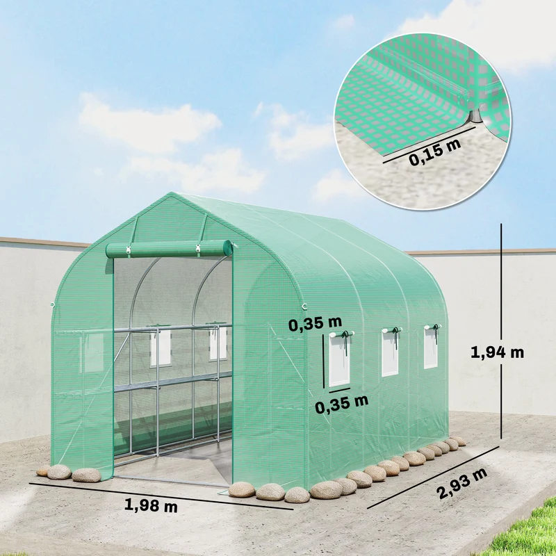Serre tunnel de jardin 198 x 293 x 194 cm porte enroulable avec étagères solides style moderne en acier galvanisé vert 21_0005628