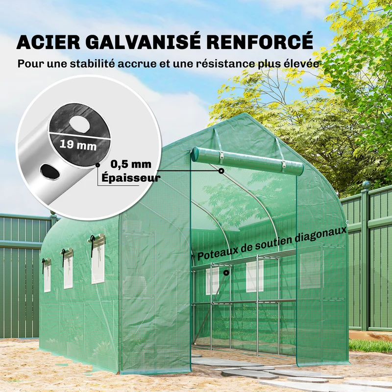 Serre tunnel de jardin 198 x 293 x 194 cm porte enroulable avec étagères solides style moderne en acier galvanisé vert 21_0005628