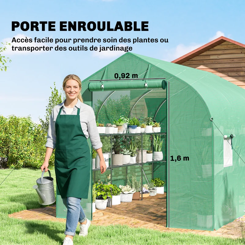Serre tunnel de jardin 198 x 293 x 194 cm porte enroulable avec étagères solides style moderne en acier galvanisé vert 21_0005628