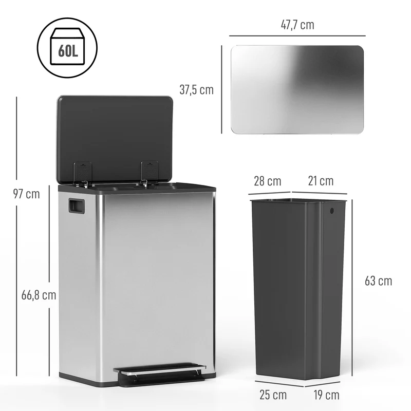 Poubelle de cuisine à pédale 48 x 38 x 67 cm 2 compartiments 2 x 30 l fermeture douce stable design épuré en inox argent 21_0005917