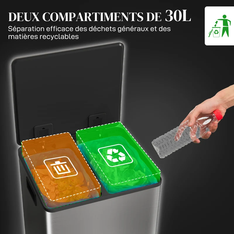 Poubelle de cuisine à pédale 48 x 38 x 67 cm 2 compartiments 2 x 30 l fermeture douce stable design épuré en inox argent 21_0005917