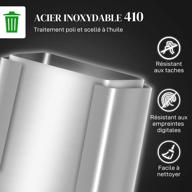 Poubelle de cuisine à pédale 48 x 38 x 67 cm 2 compartiments 2 x 30 l fermeture douce stable design épuré en inox argent 21_0005917