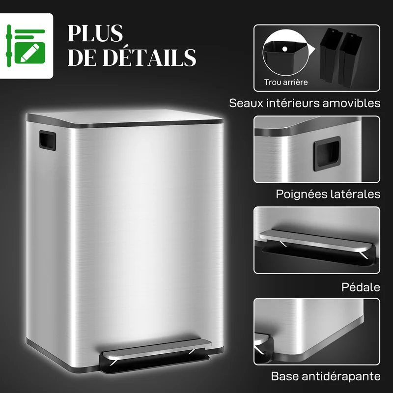 Poubelle de cuisine à pédale 48 x 38 x 67 cm 2 compartiments 2 x 30 l fermeture douce stable design épuré en inox argent 21_0005917