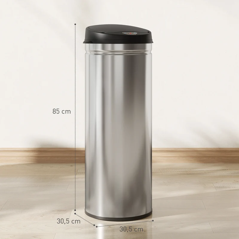 Poubelle de cuisine automatique 50 l 30,5 x 30,5 x 85 cm capteur fermeture douce moderne épuré en acier inoxydable argent 21_0005927