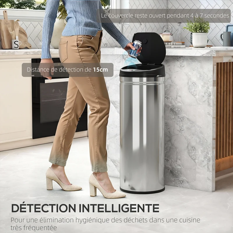 Poubelle de cuisine automatique 50 l 30,5 x 30,5 x 85 cm capteur fermeture douce moderne épuré en acier inoxydable argent 21_0005927