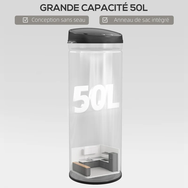 Poubelle de cuisine automatique 50 l 30,5 x 30,5 x 85 cm capteur fermeture douce moderne épuré en acier inoxydable argent 21_0005927