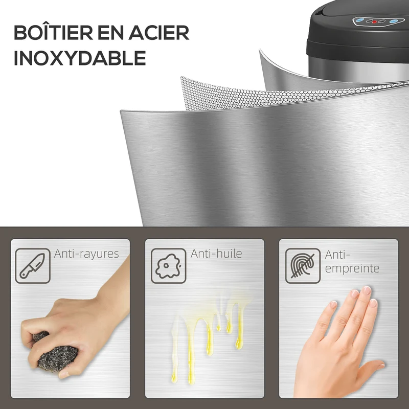 Poubelle de cuisine automatique 50 l 30,5 x 30,5 x 85 cm capteur fermeture douce moderne épuré en acier inoxydable argent 21_0005927