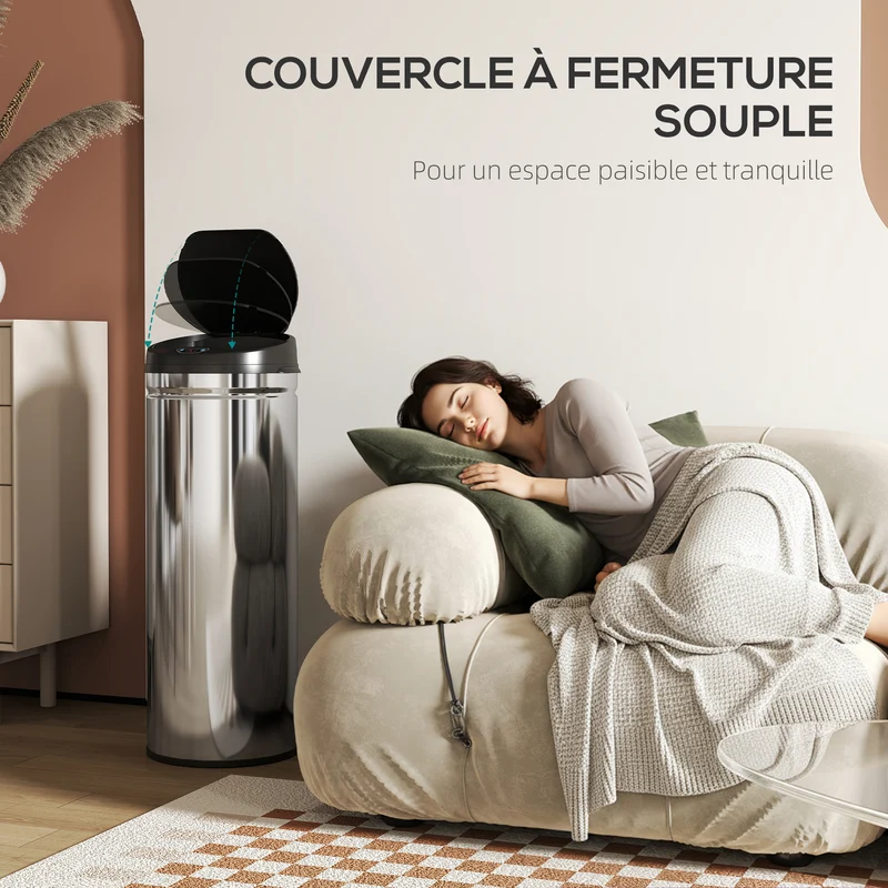 Poubelle de cuisine automatique 50 l 30,5 x 30,5 x 85 cm capteur fermeture douce moderne épuré en acier inoxydable argent 21_0005927