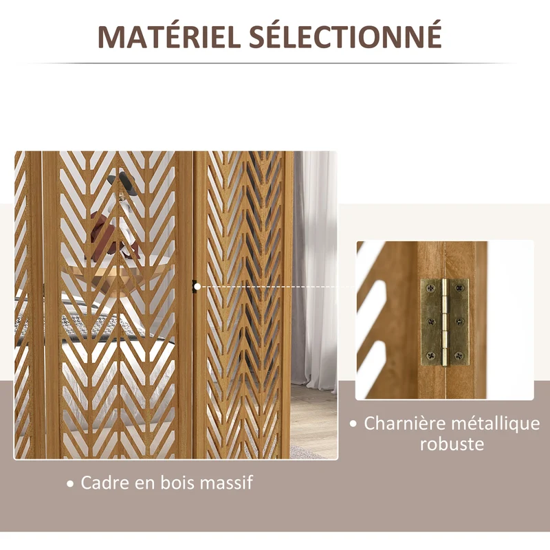 Paravent séparateur de pièce pliable 3 panneaux ajourés 120 x 170 x 1.7 cm intimité naturel moderne en bois marron clair 21_0001293