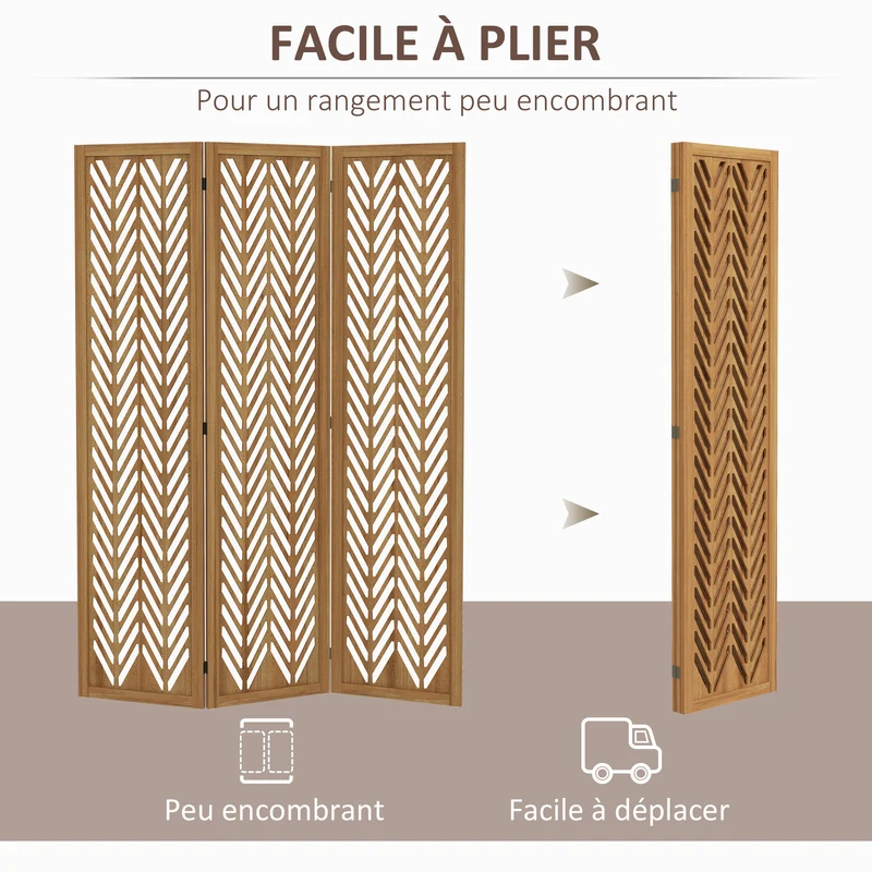 Paravent séparateur de pièce pliable 3 panneaux ajourés 120 x 170 x 1.7 cm intimité naturel moderne en bois marron clair 21_0001293
