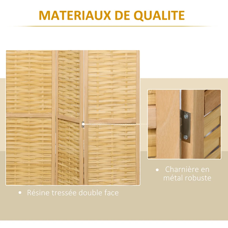 Paravent séparateur de pièce 4 panneaux 160 x 170 cm pliable portable rustique ambiance cosy salon en bambou naturel 21_0001282