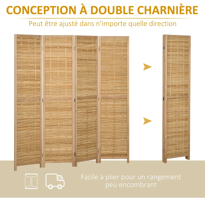 Paravent séparateur de pièce 4 panneaux 160 x 170 cm pliable portable rustique ambiance cosy salon en bambou naturel 21_0001282