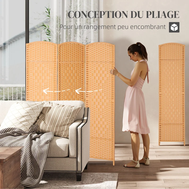 Paravent intérieur 3 panneaux pliable 135 x 1,7 x 180 cm intimité modulable design épuré en polypropylène brun clair 21_0001331