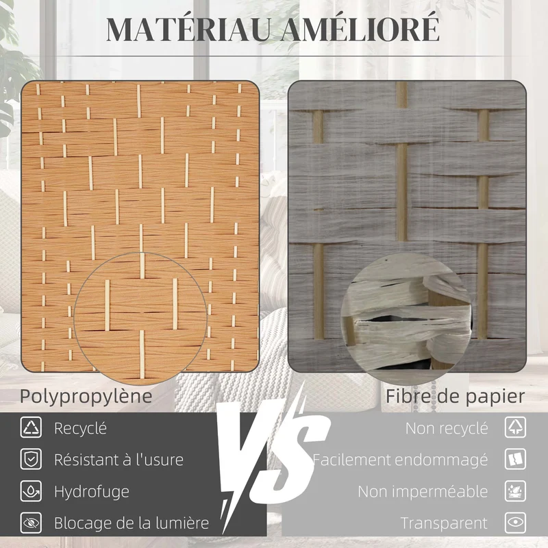 Paravent intérieur 3 panneaux pliable 135 x 1,7 x 180 cm intimité modulable design épuré en polypropylène brun clair 21_0001331