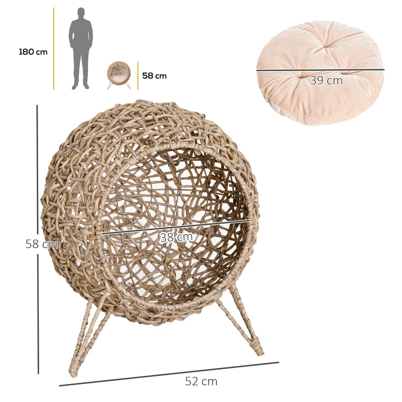Panier pour chat boule sur trépied 52 x 52 x 58 cm coussin moelleux stable salon design cosy en résine tressée beige 21_0007632