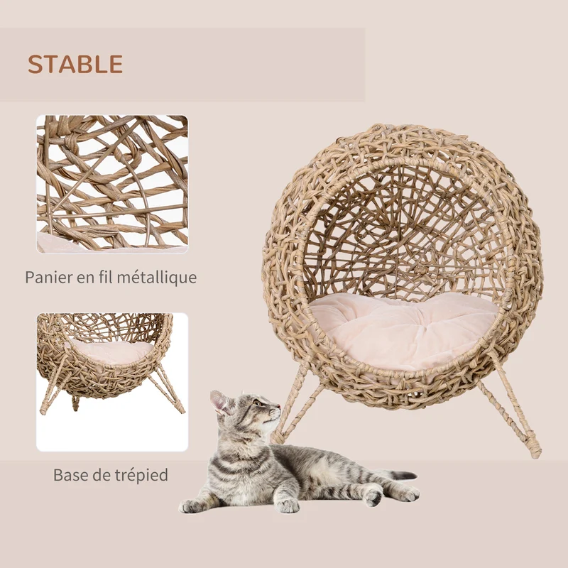 Panier pour chat boule sur trépied 52 x 52 x 58 cm coussin moelleux stable salon design cosy en résine tressée beige 21_0007632
