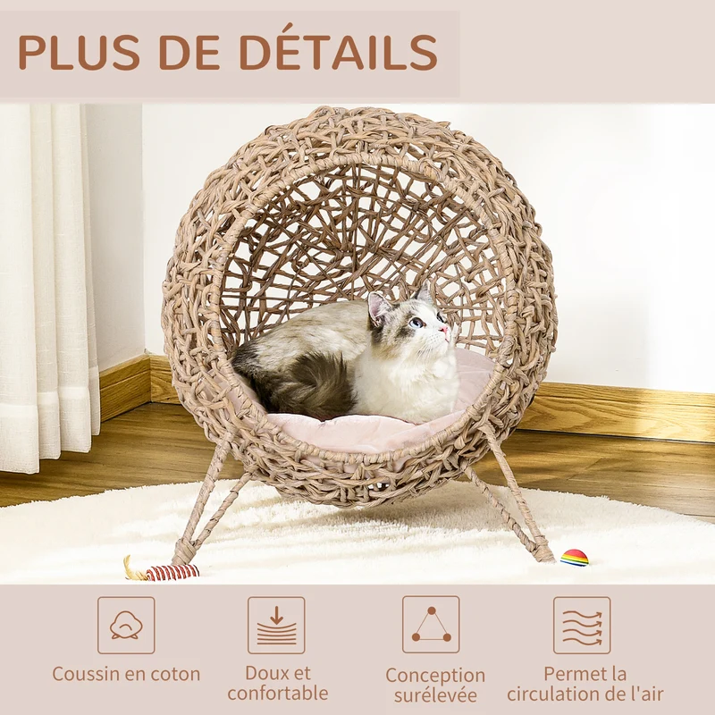 Panier pour chat boule sur trépied 52 x 52 x 58 cm coussin moelleux stable salon design cosy en résine tressée beige 21_0007632