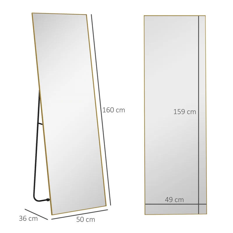 Miroir pleine longueur rectangulaire 50 x 160 cm polyvalent antiéclats cadre épais classique décoratif en métal doré 21_0001662