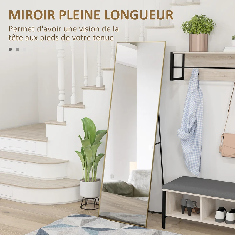 Miroir pleine longueur rectangulaire 50 x 160 cm polyvalent antiéclats cadre épais classique décoratif en métal doré 21_0001662