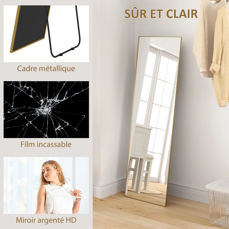 Miroir pleine longueur rectangulaire 50 x 160 cm polyvalent antiéclats cadre épais classique décoratif en métal doré 21_0001662