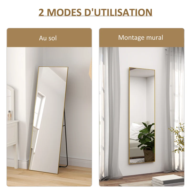 Miroir pleine longueur rectangulaire 50 x 160 cm polyvalent antiéclats cadre épais classique décoratif en métal doré 21_0001662