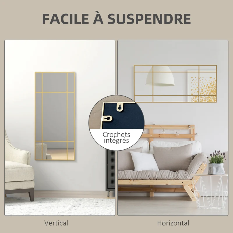 Miroir mural verrière rectangulaire 110 x 2 x 50 cm agrandit et illumine salon style industriel vintage en métal doré 21_0001349