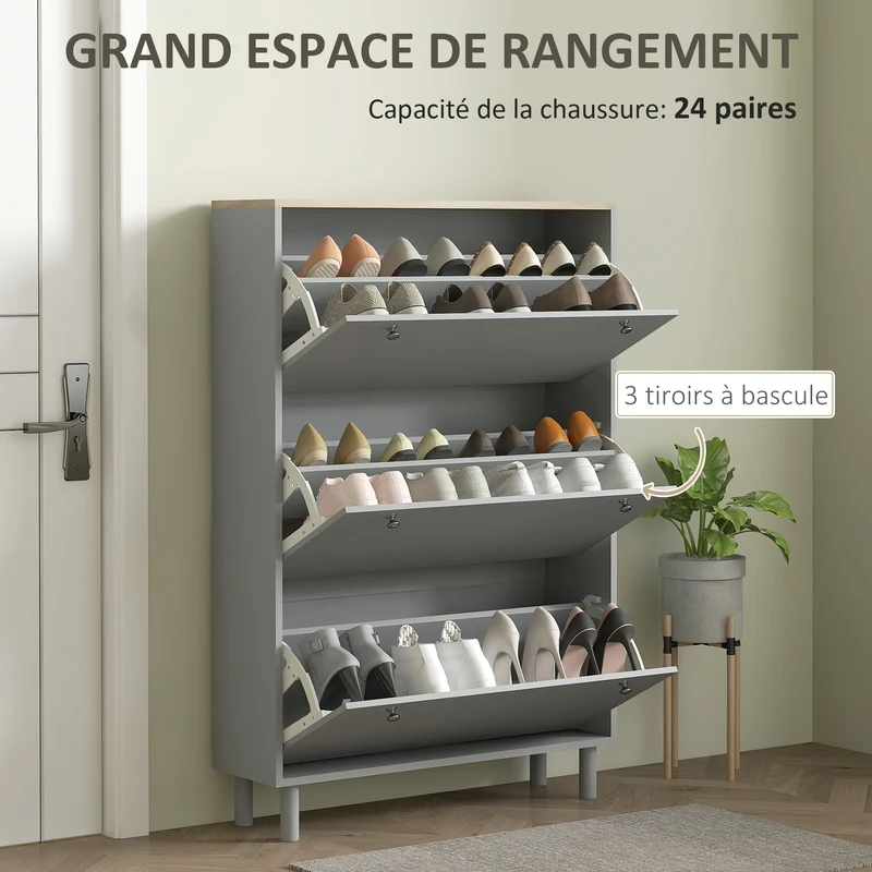 Meuble à chaussures compact 80 x 23,5 x 121 cm 24 paires 3 tiroirs basculants contemporain en panneau de particules gris 21_0002685