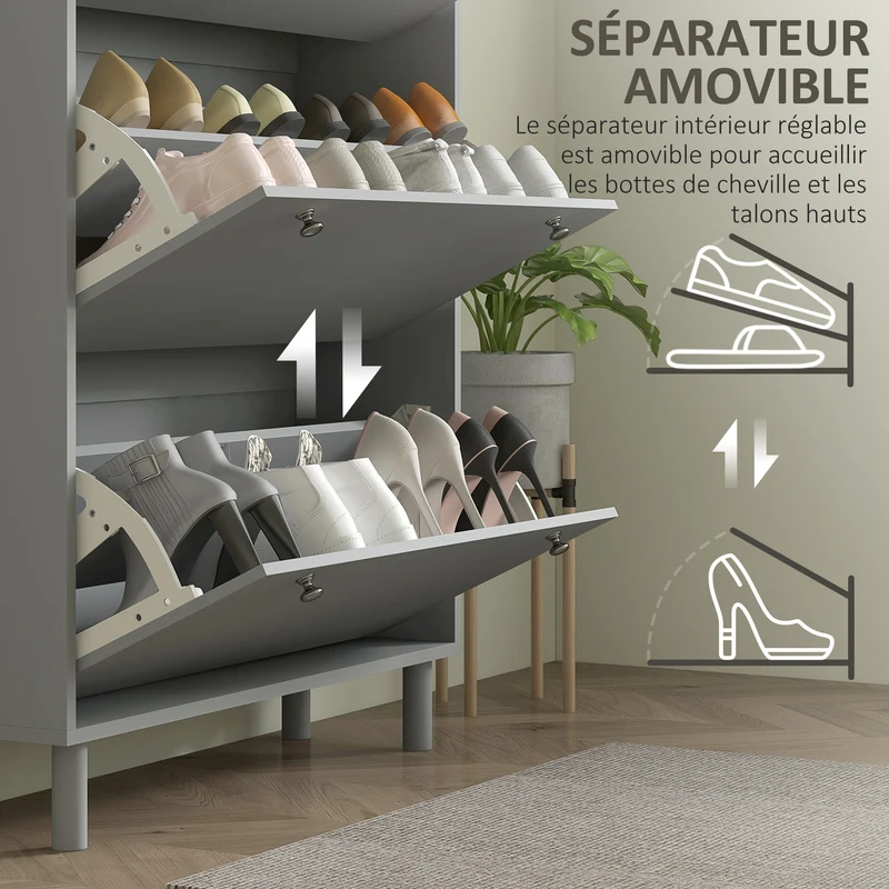 Meuble à chaussures compact 80 x 23,5 x 121 cm 24 paires 3 tiroirs basculants contemporain en panneau de particules gris 21_0002685