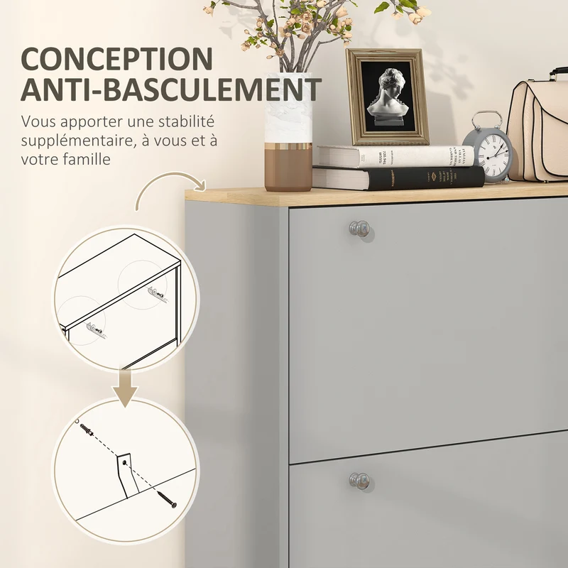 Meuble à chaussures compact 80 x 23,5 x 121 cm 24 paires 3 tiroirs basculants contemporain en panneau de particules gris 21_0002685