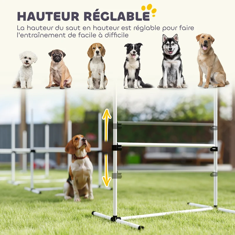 Lot de 4 obstacles d'agilité pour chien jardin 99 x 65 x 94 cm hauteur réglable sac transport moderne en plastique blanc 21_0007516