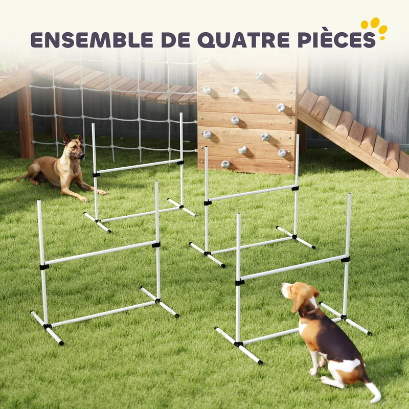 Lot de 4 obstacles d'agilité pour chien jardin 99 x 65 x 94 cm hauteur réglable sac transport moderne en plastique blanc 21_0007516