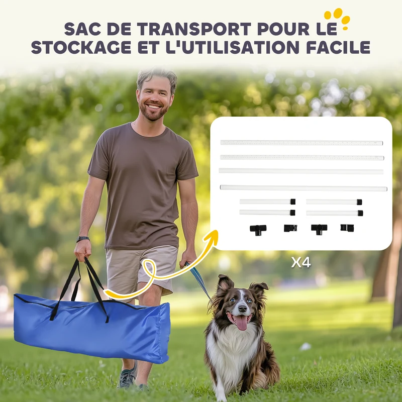 Lot de 4 obstacles d'agilité pour chien jardin 99 x 65 x 94 cm hauteur réglable sac transport moderne en plastique blanc 21_0007516